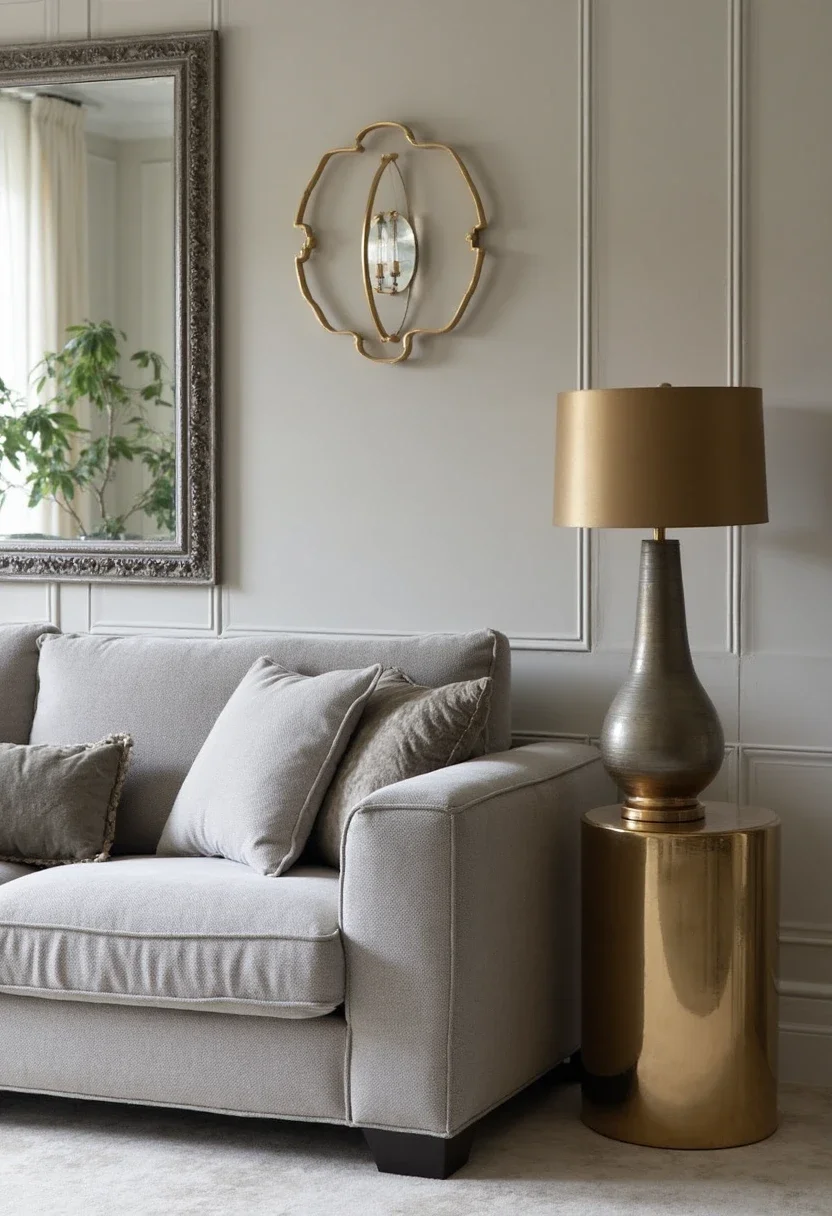 7. Achieving Elegance with Metallic Accents and a Grey Sofa
