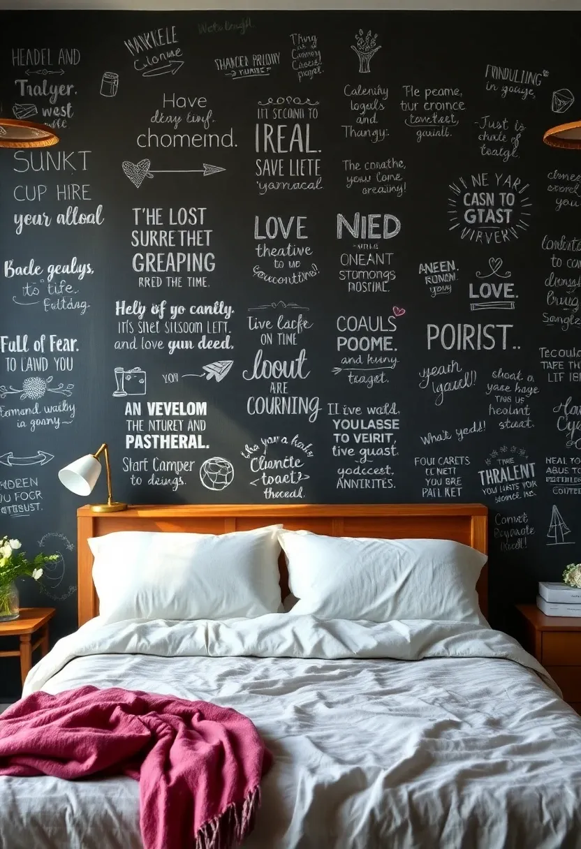 Chalkboard wall in a bedroom with quotes and doodles.