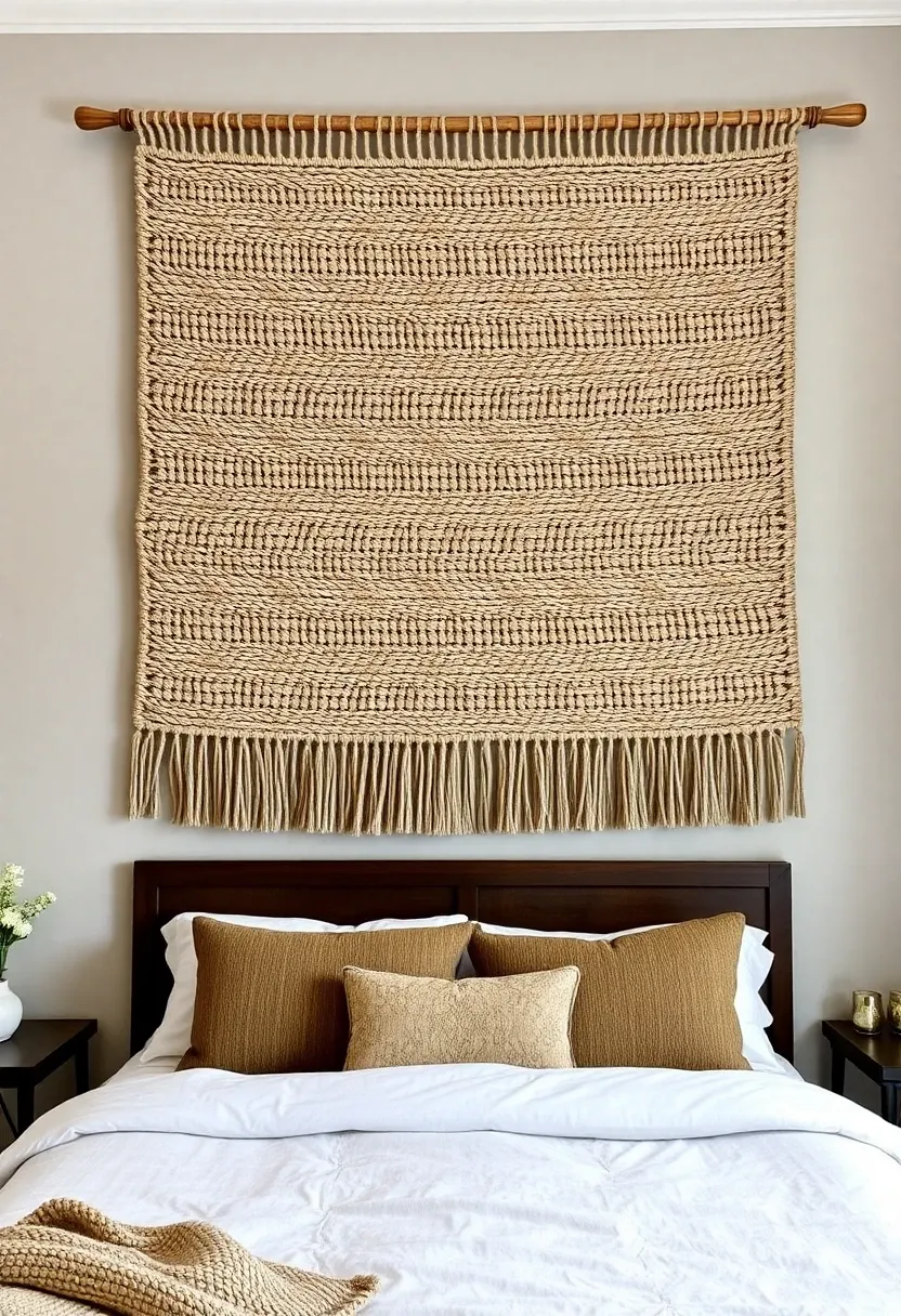 Large woven wall hanging on a bedroom wall.