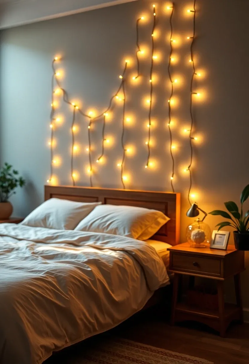 String lights cascading on a bedroom wall.