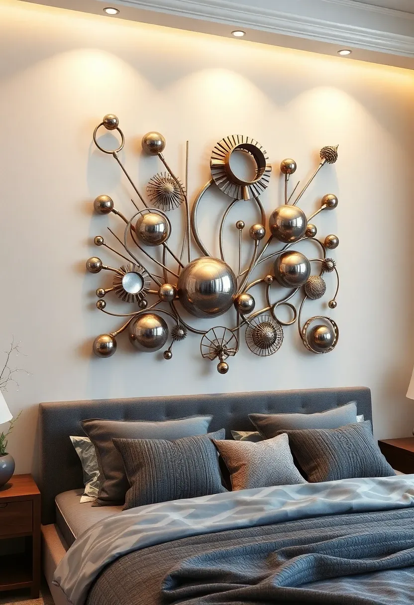 3D metal sculptures on a bedroom wall.