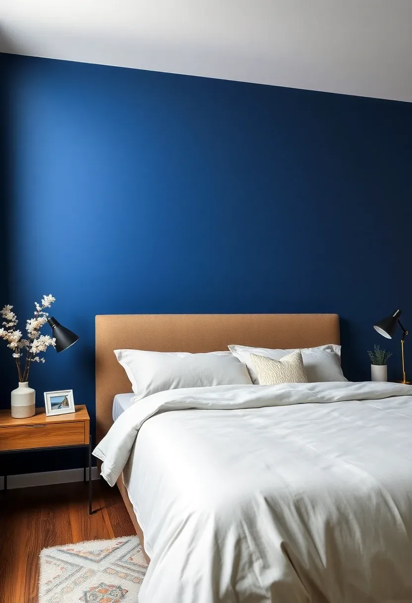 Bedroom with a navy blue accent wall and minimal decor.