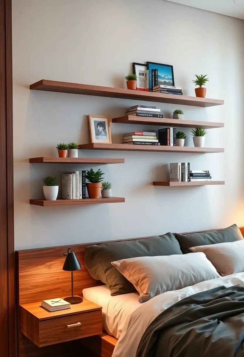 Floating shelves with books and decor items on a bedroom wall.