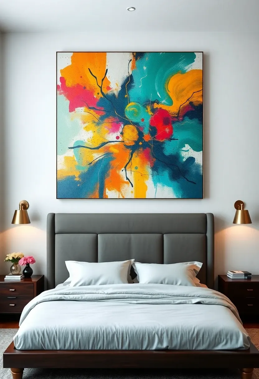 Large abstract painting in a contemporary bedroom.