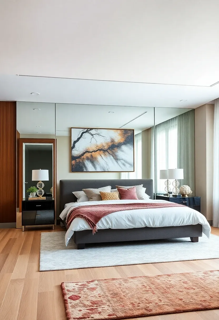 Bedroom with a full mirrored wall reflecting the decor.
