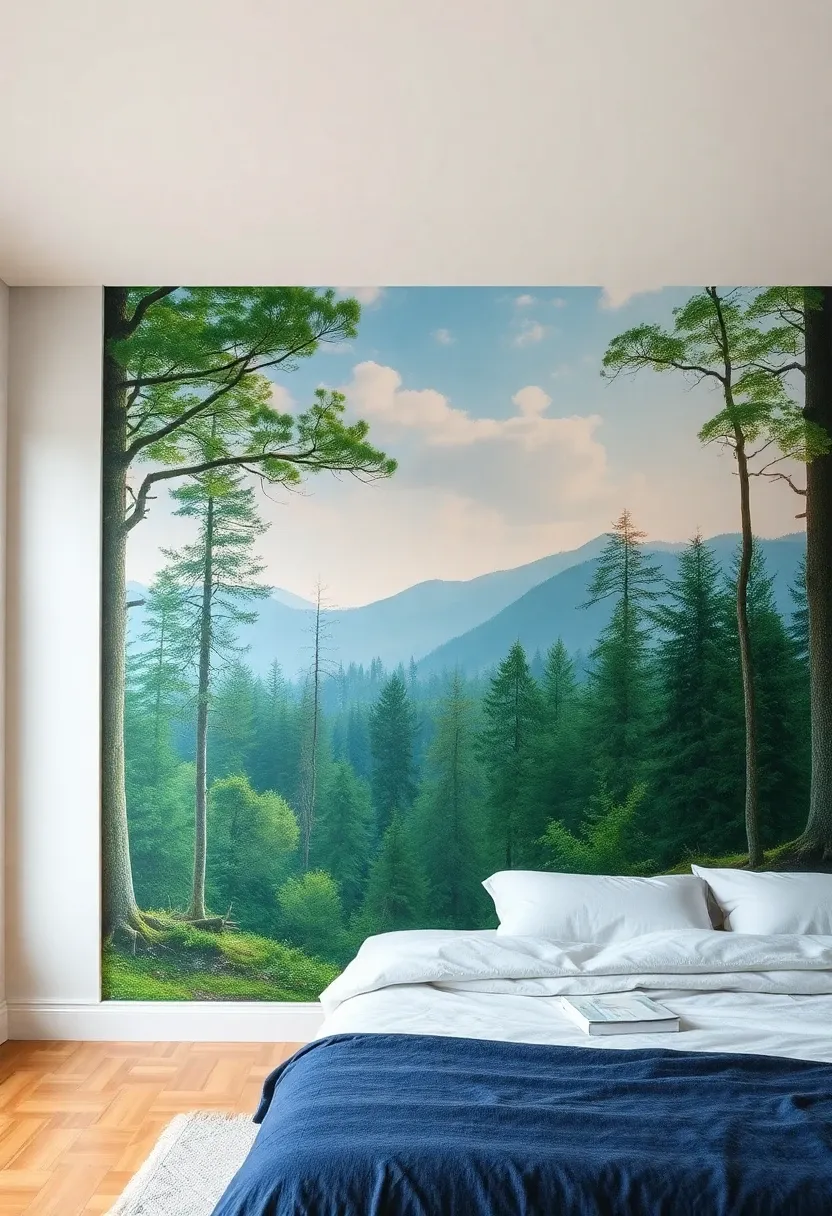 Bedroom with a forest landscape mural on the wall.