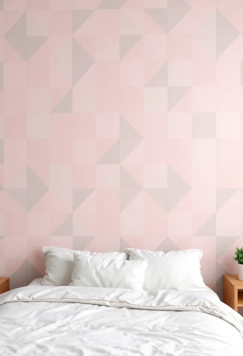 Bedroom wall with a geometric pattern in pastel colors.